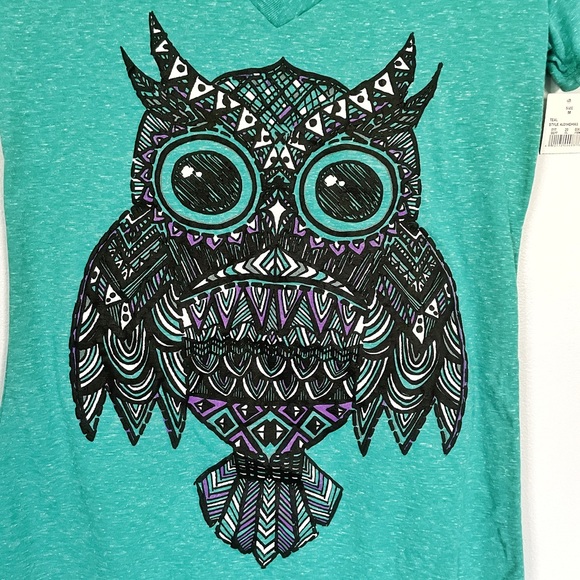 Hybrid Apparel T-Shirt V-Neck Owl. Turquoise. Size M. - Picture 3 of 5
